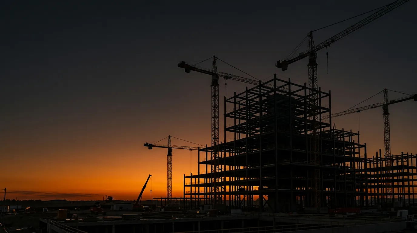 Steel-frame construction project and tower cranes at sunset